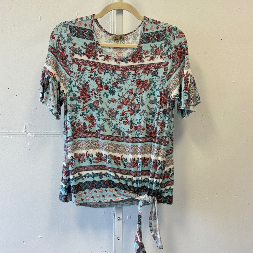 One World Live and Let Live Blue Floral Boho Bell Sleeve Tie Front Top Blouse Sm